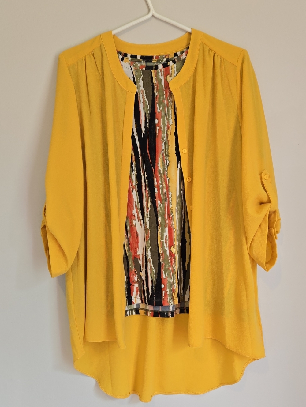 2 Pc Yellow Layered Printed-Front Women's Blouse Multicolor Top Funky Retro Lg